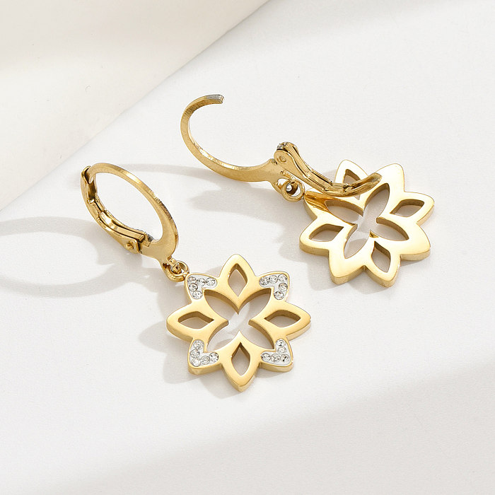 1 Pair French Style Flower Stainless Steel  Plating Hollow Out Inlay Artificial Rhinestones 14K Gold Plated Drop Earrings