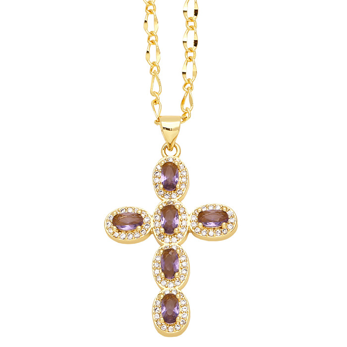 Vintage Style Cross Stainless Steel  Copper Plating Inlay Zircon 18K Gold Plated Pendant Necklace