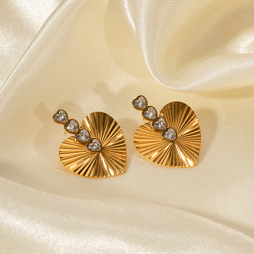 1 par de pendientes chapados en forma de corazón estilo IG con incrustaciones de acero inoxidable y circonita chapados en oro de 18 quilates