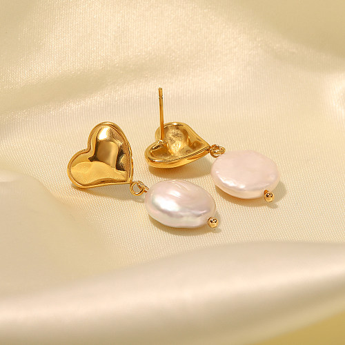 Boucles d'oreilles pendantes en perles artificielles, Style Simple, en forme de cœur, plaqué en acier inoxydable, 1 paire