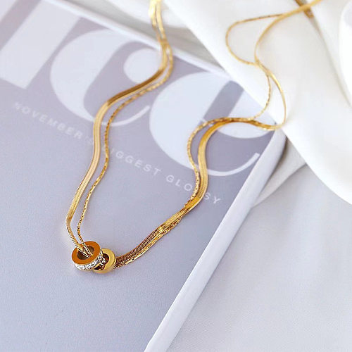Estilo simples estilo clássico redondo chapeamento de aço inoxidável inlay zircão 18K colares em camadas banhados a ouro
