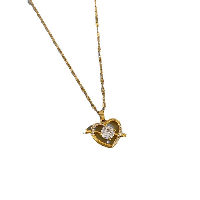 Collier pendentif en acier inoxydable et cuivre, en forme de cœur, avec incrustation de pierres précieuses artificielles, à la mode