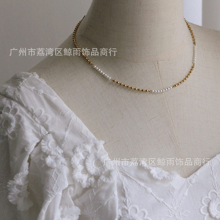 Fashion Beads Stitching Pearl Choker Clavicle Contrast Color Stainless Steel Necklace