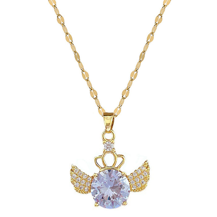 Romantic Artistic Wings Stainless Steel Copper Inlay Artificial Gemstones Pendant Necklace