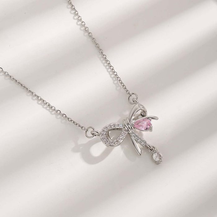 Glam Luxurious Simple Style Bow Knot Stainless Steel Plating Inlay Zircon Pendant Necklace