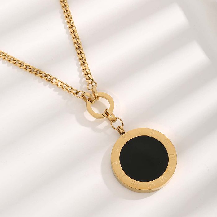 Roman Style Solid Color Roman Numeral Resin Stainless Steel Plating Inlay Zircon Gold Plated Pendant Necklace
