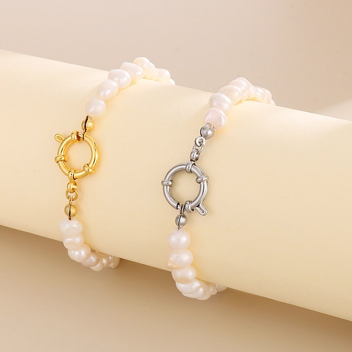 Simple Style Classic Style Round Stainless Steel Freshwater Pearl Bracelets In Bulk