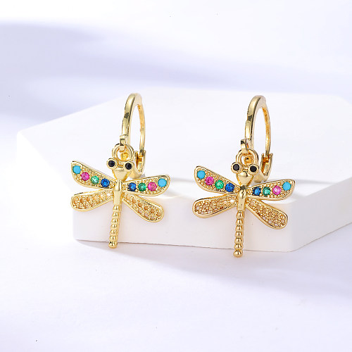Modische geometrische Libellen-Ohrringe mit Kupferbeschichtung, 18 Karat Gold, farbiger Zirkon