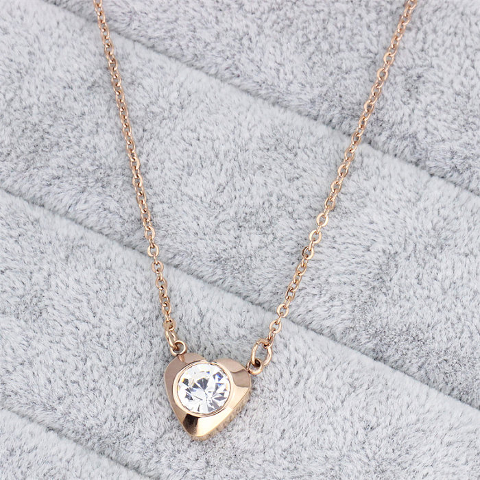 Casual Simple Style Heart Shape Stainless Steel  Stainless Steel Polishing Plating Inlay Zircon Rose Gold Plated Pendant Necklace