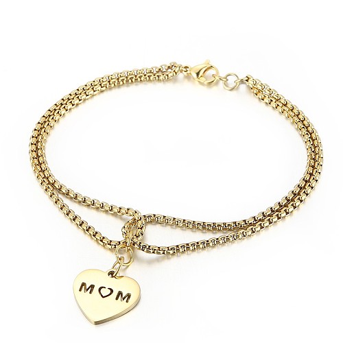 Pulsera de corazón de mamá con letra de cadena de perlas dobles de acero inoxidable de moda europea y americana