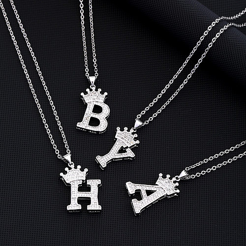 Wholesale Retro Letter Crown Stainless Steel  Copper Zircon Pendant Necklace