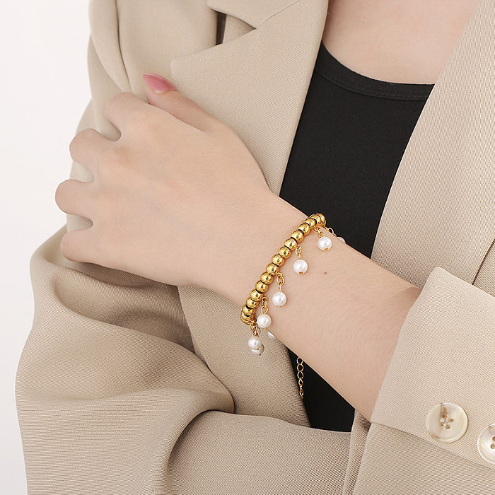 Elegant Geometric Titanium Steel Gold Plated Artificial Pearls Bracelets
