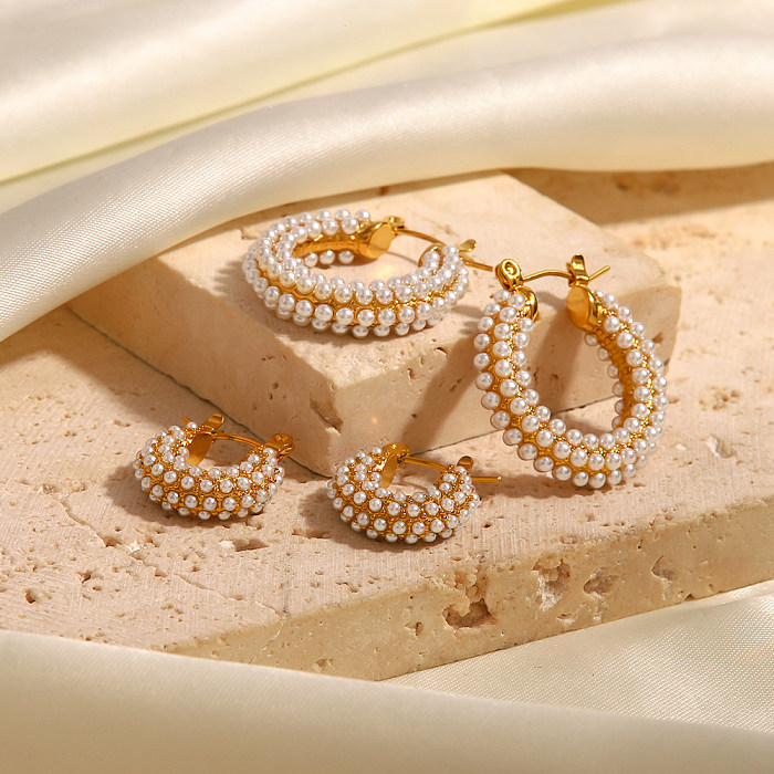 Modische Ohrringe mit geometrischem Edelstahl-Inlay und künstlichen Perlen, 1 Paar
