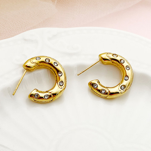1 Pair Modern Style C Shape Stainless Steel  Metal Polishing Plating Inlay Zircon Gold Plated Ear Studs