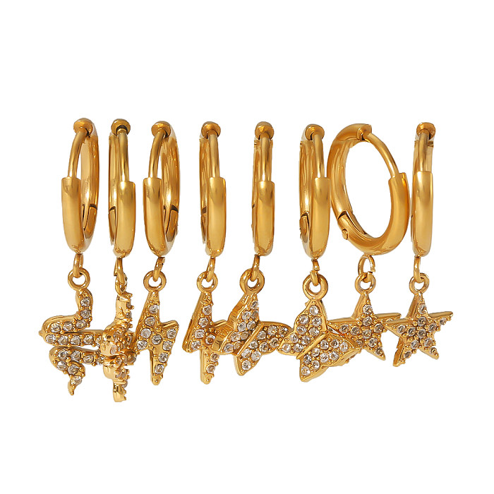 1 par de pendientes colgantes chapados en oro de 18K con incrustaciones de pulido de mariposa, estrella, serpiente y circonita de acero inoxidable