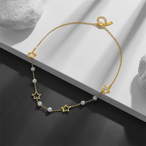 Elegant Simple Style Four Leaf Clover Star Butterfly Stainless Steel Plating Hollow Out Inlay Artificial Pearls Necklace