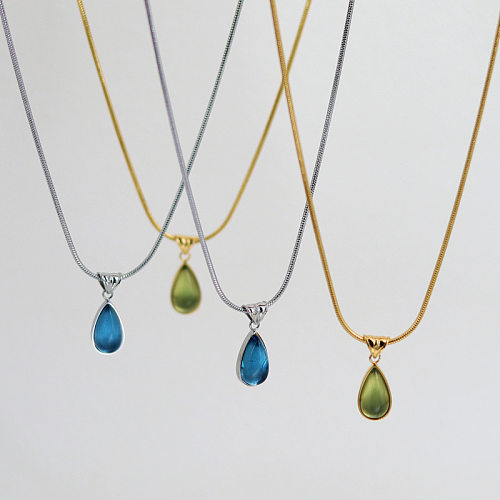 Simple Style Classic Style Geometric Water Droplets Stainless Steel Plating Inlay Glass 18K Gold Plated Pendant Necklace