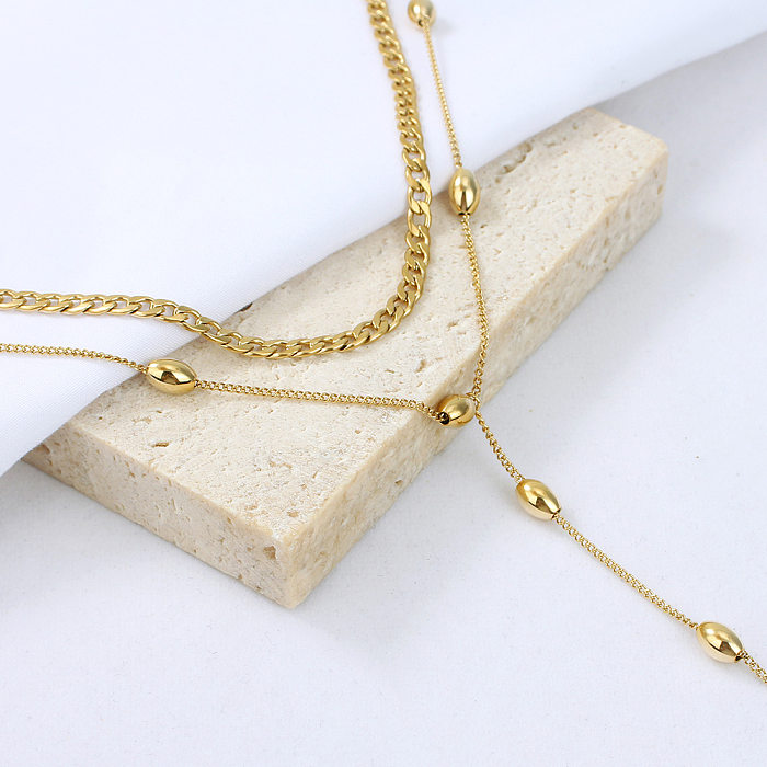 Stainless Steel  Beads Y-shaped Fashion Double Layered Necklace Wholesale Jewelry jewelry