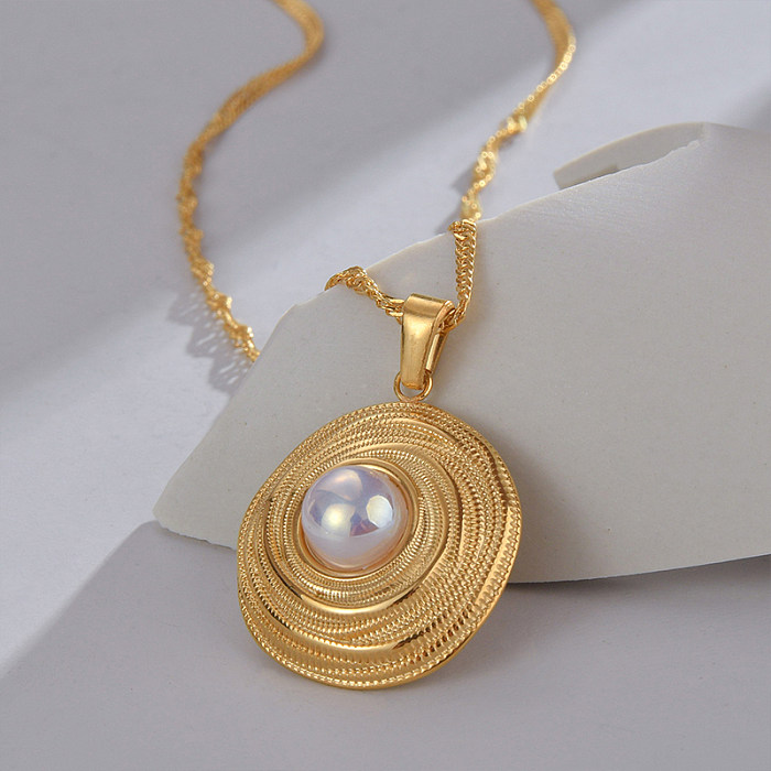 Collier avec pendentif en perles plaqué or 18 carats, rond en acier inoxydable de Style Simple, en vrac