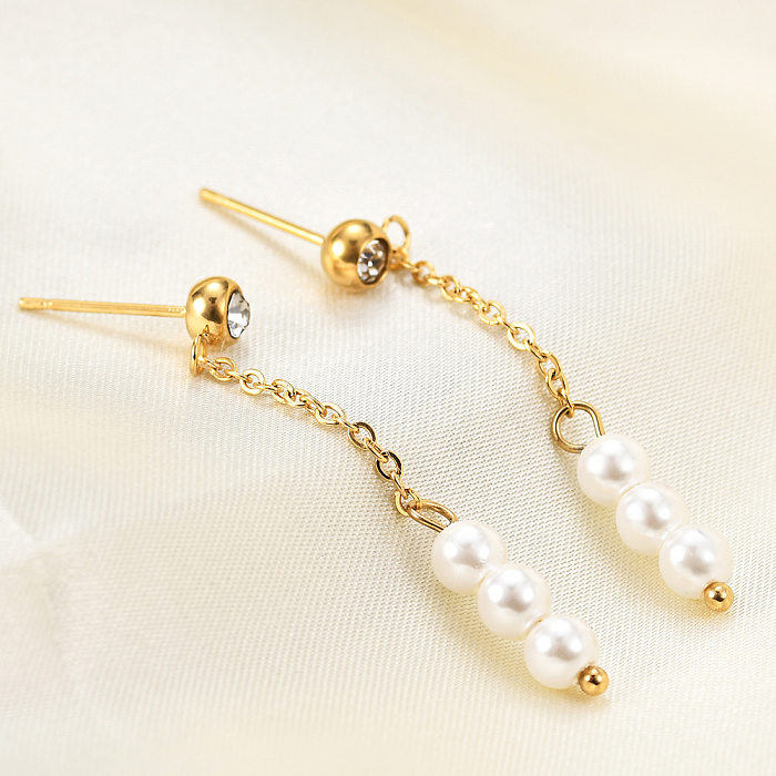 Pendientes colgantes de cadena de perlas de circón con incrustaciones chapadas en oro de acero inoxidable de nuevo estilo