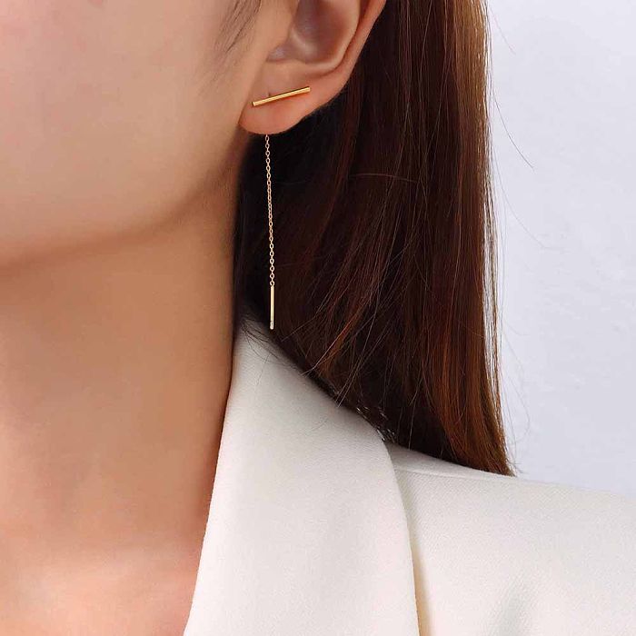 Boucles d'oreilles simples en or 18 carats en acier inoxydable avec longue ligne d'oreille à pampilles