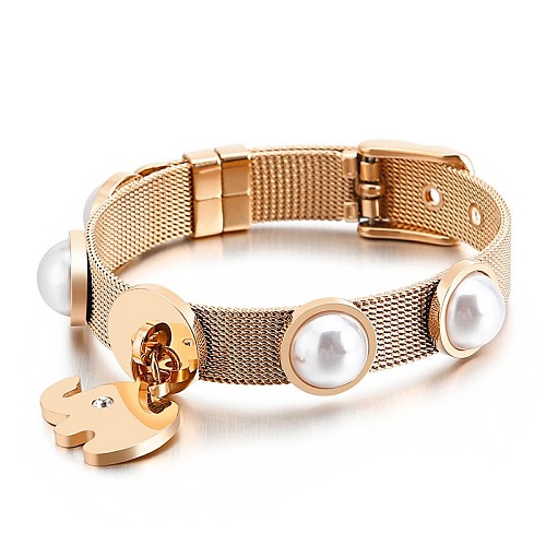 Neues Armband aus Edelstahl mit Muschelperlen und Schmucküberzug aus 18 Karat Bär
