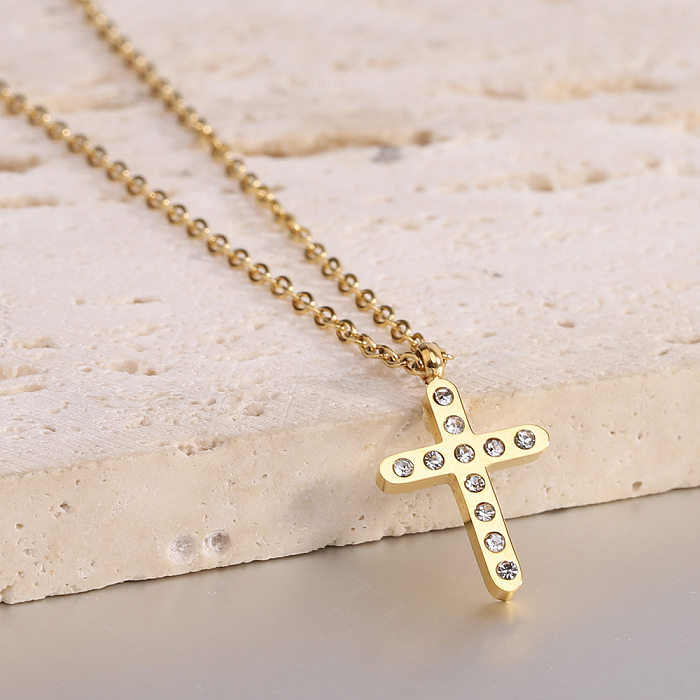 Punk Cool Style Cross Stainless Steel  Stainless Steel Inlay Artificial Diamond Pendant Necklace