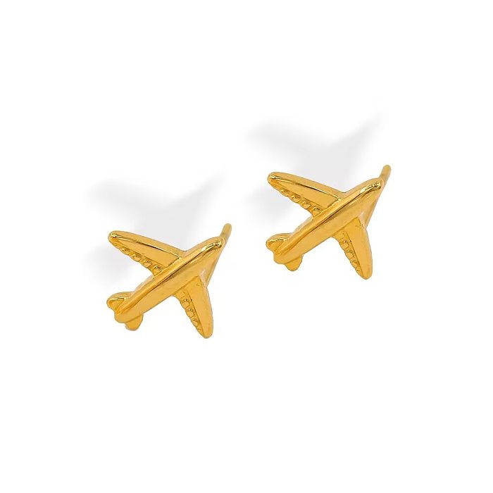 زوج واحد من أقراط الأذن المطلية بالذهب من الفولاذ المقاوم للصدأ بتصميم بسيط على شكل طائرة