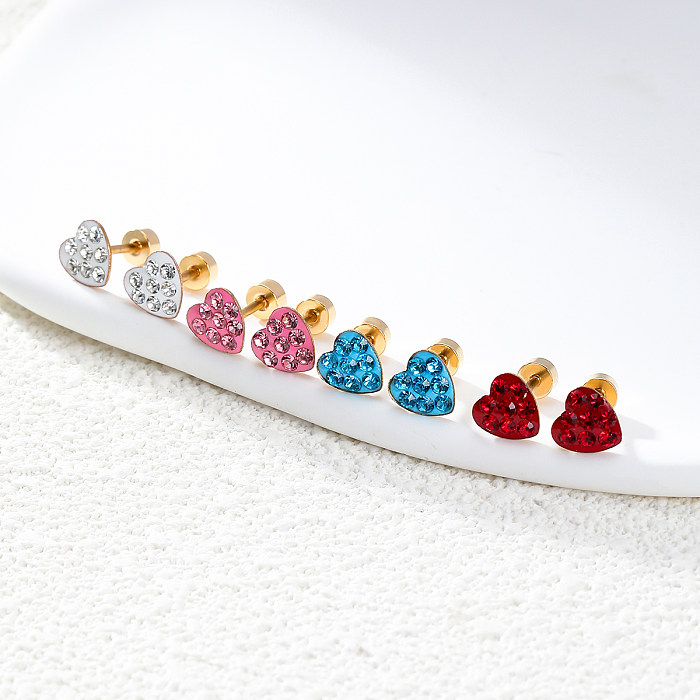 4 Pairs Classic Style Shiny Heart Shape Plating Inlay Stainless Steel  Rhinestones 18K Gold Plated Ear Studs