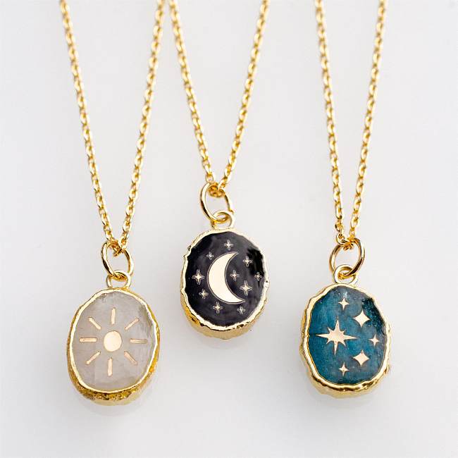Simple Style Korean Style Star Moon Stainless Steel  Enamel Plating Inlay Zircon 18K Gold Plated Pendant Necklace