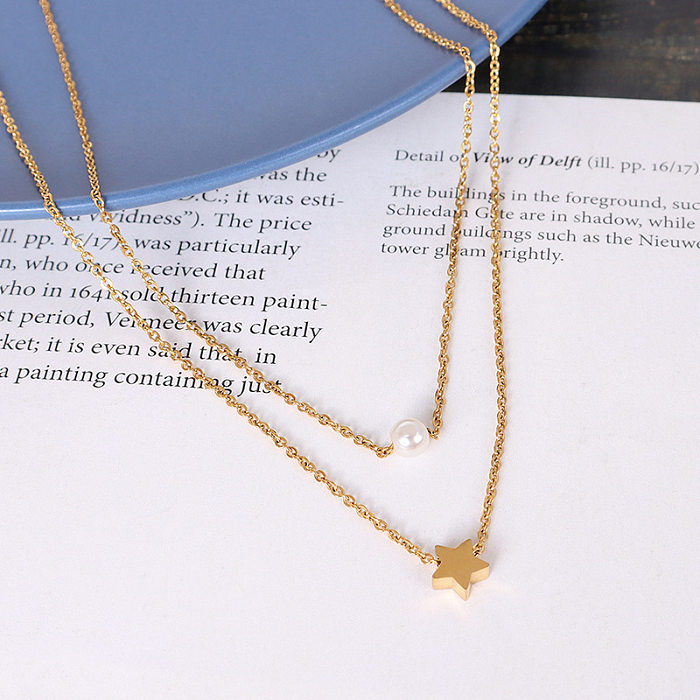 Pendentif étoile à cinq branches, collier de perles d'imitation, chaîne de clavicule en acier inoxydable à Double couche