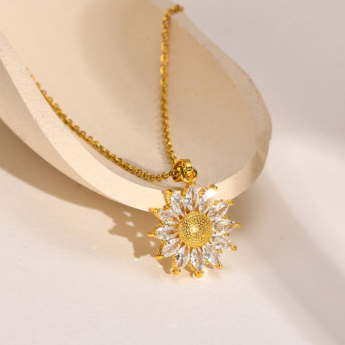 Fashion Flower Stainless Steel  Inlay Zircon Pendant Necklace 1 Piece