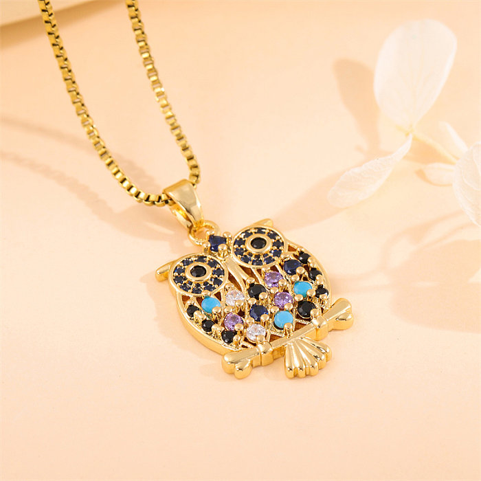 Streetwear Owl Stainless Steel  Stainless Steel Plating Inlay Zircon 18K Gold Plated Necklace