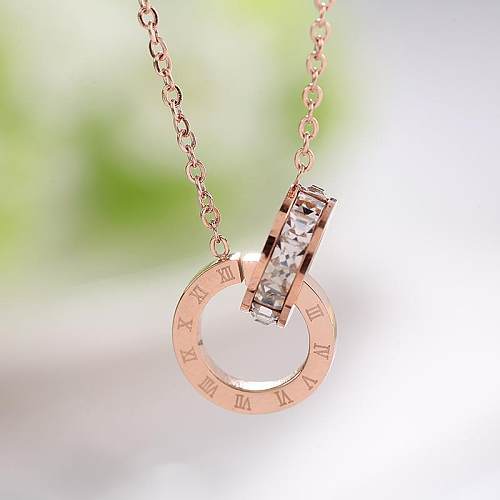 Korean Style Round Number Stainless Steel Plating Inlay Zircon 18K Gold Plated Pendant Necklace