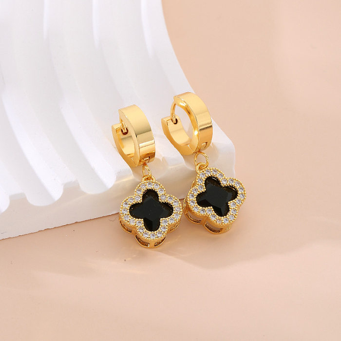 1 Pair Sweet Four Leaf Clover Square Plating Inlay Stainless Steel  Zircon Earrings
