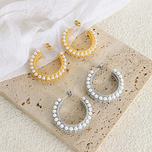 1 paire de clous d'oreilles plaqués or 18 carats, incrustation géométrique de Style Baroque pour femmes, perles artificielles en acier inoxydable