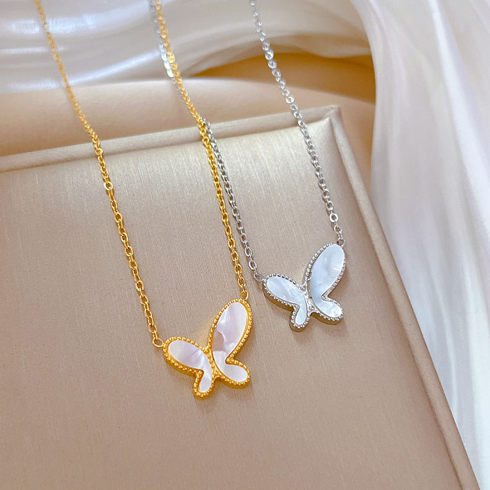 Simple Style Butterfly Stainless Steel Copper Inlay Opal Pendant Necklace