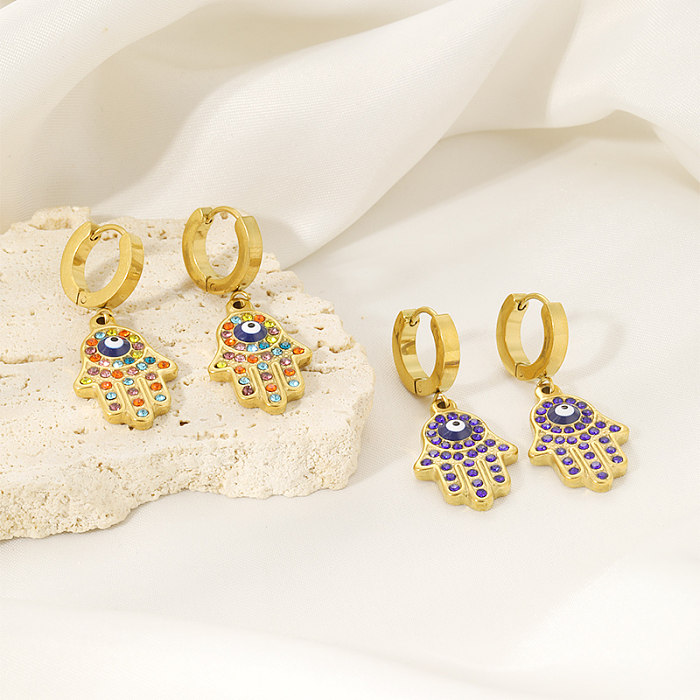 Boucles d'oreilles pendantes plaquées or 1 carats, 18 paire, Style Simple et élégant, incrustation de paume en œil du diable, pierres précieuses artificielles en acier inoxydable