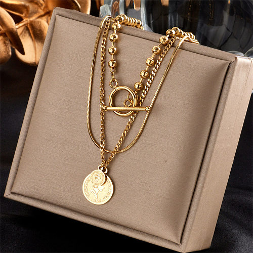 Fashion Simple Three-layered Geometric Round Pendant Stainless Steel Necklace