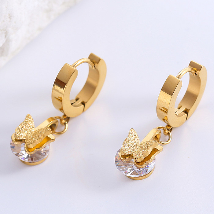 1 Pair Casual Simple Style Classic Style Butterfly Plating Inlay Stainless Steel  Zircon 18K Gold Plated Rose Gold Plated Drop Earrings