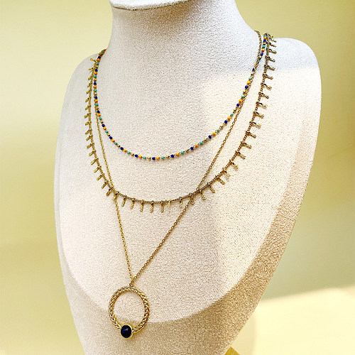Estilo simples redondo de aço inoxidável em camadas chapeamento embutido gema banhado a ouro colares em camadas