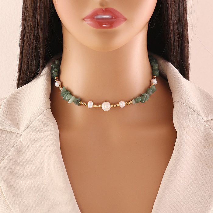 Vacation Simple Style Printing Stainless Steel  Imitation Pearl Natural Stone Handmade Necklace