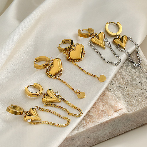 1 par estilo simples comute coração forma chapeamento incrustação de aço inoxidável zircão 18k brincos banhados a ouro