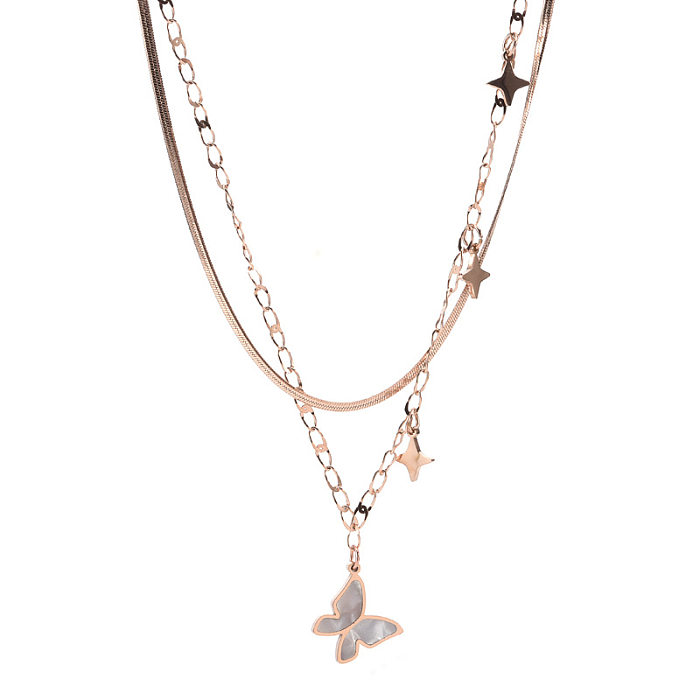 Simple Style Butterfly Stainless Steel Inlay Shell Layered Necklaces