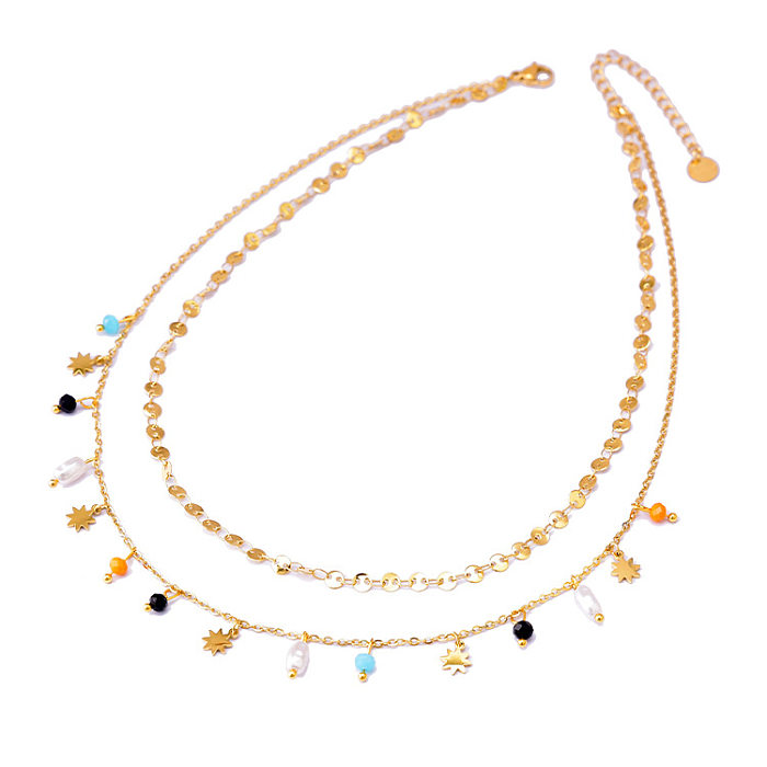 Collares en capas con cuentas de perlas artificiales con incrustaciones de acero inoxidable con estrella geométrica de moda