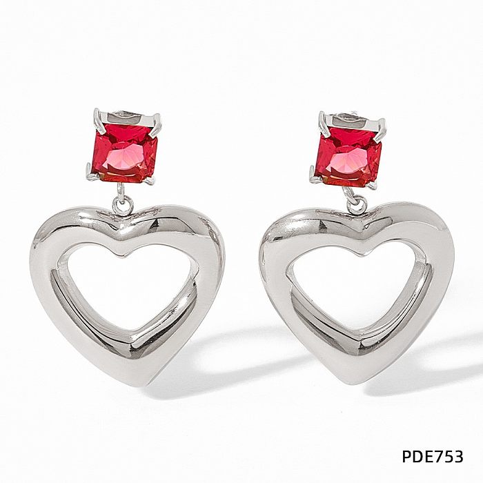 1 Pair Retro Square Heart Shape Stainless Steel  Inlay Rhinestones Drop Earrings