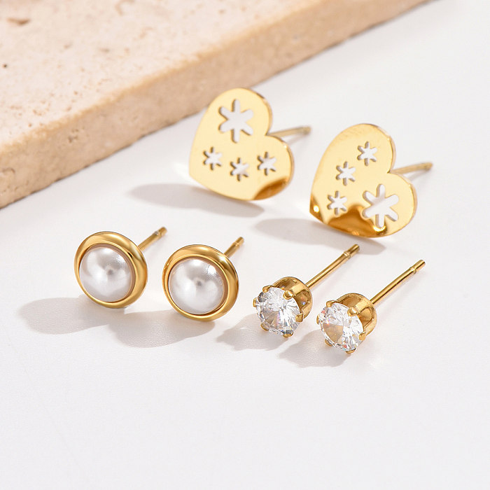 3 Pairs Sweet Simple Style Heart Shape Plating Hollow Out Inlay Stainless Steel  Zircon 14K Gold Plated Ear Studs