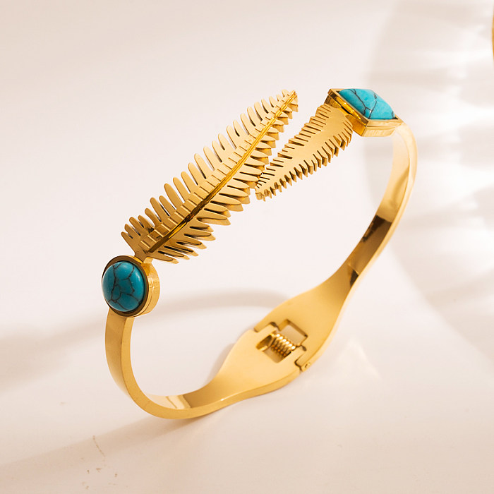 Bracelet Turquoise avec Incrustation de Feuilles à la Mode en Acier Inoxydable 1 Pièce