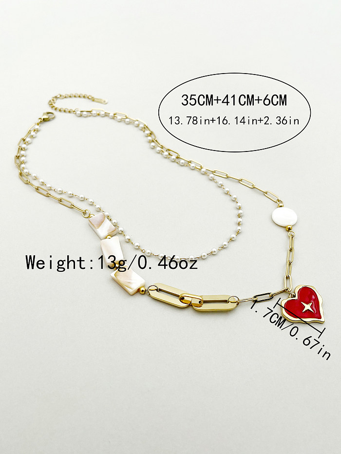 Glam Lady Roman Style Heart Shape Stainless Steel  Artificial Pearl Beaded Enamel Plating Gold Plated Layered Necklaces
