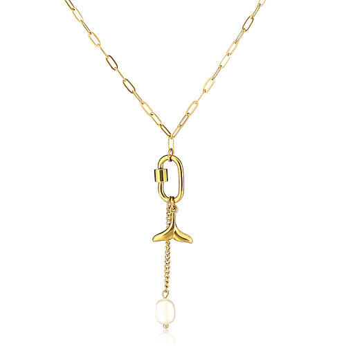 Casual Hip-Hop Fish Tail Stainless Steel  Pearl Plating Hollow Out 14K Gold Plated Pendant Necklace